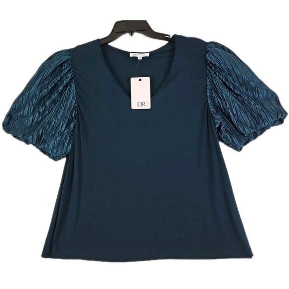 DR2~Woman Sz XL~ Dark Green Pleated Puff Satin Sleeve V-Neck Knit Top Blouse NWT - Picture 1 of 12